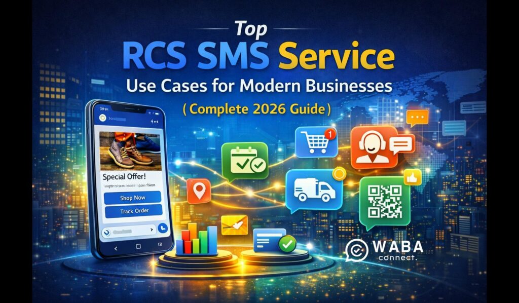 Illustration showing RCS SMS service use cases for businesses including promotional campaigns, OTP verification, appointment reminders, product carousels, interactive buttons, and customer support chat on a smartphone screen.