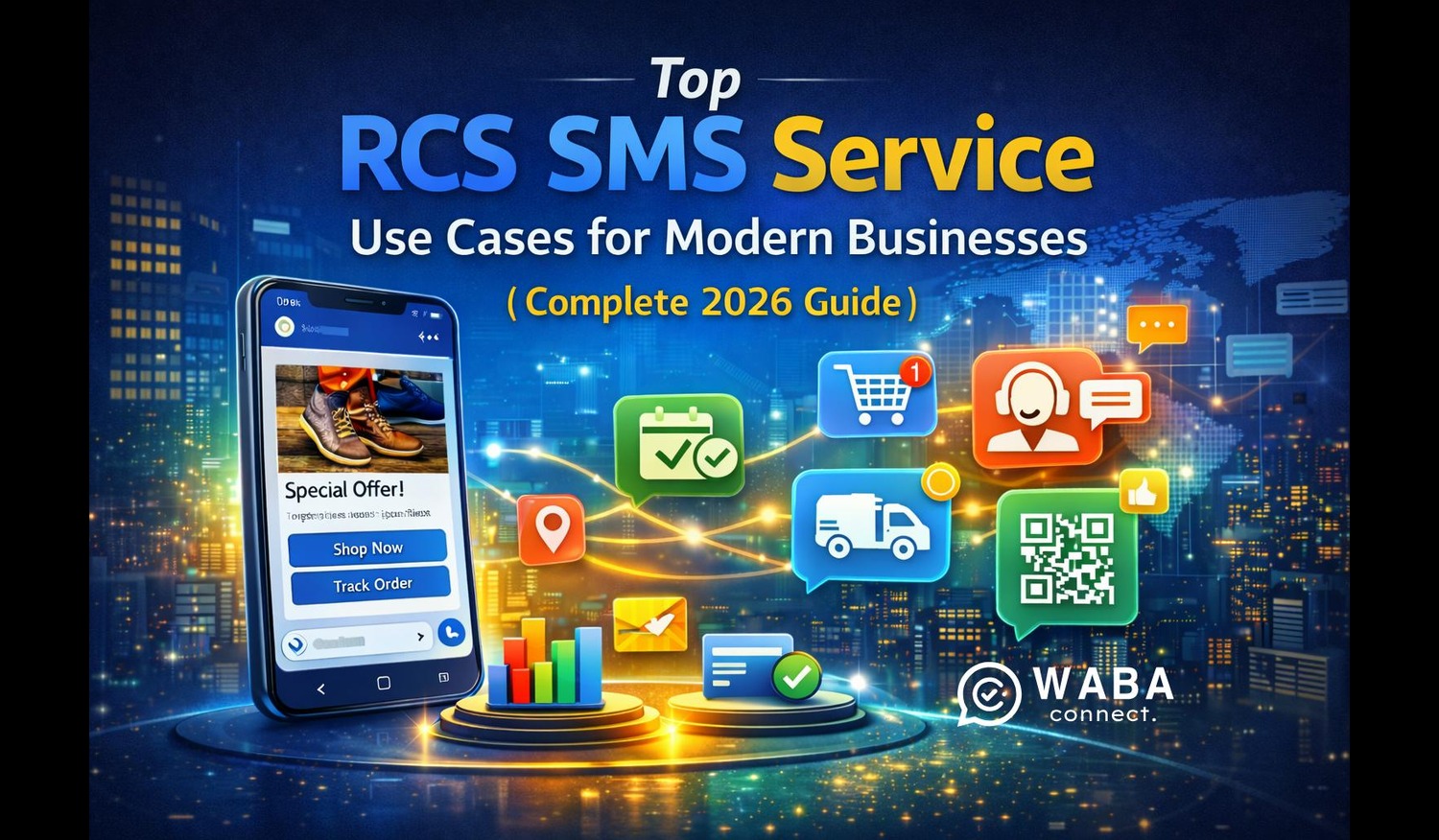 Illustration showing RCS SMS service use cases for businesses including promotional campaigns, OTP verification, appointment reminders, product carousels, interactive buttons, and customer support chat on a smartphone screen.